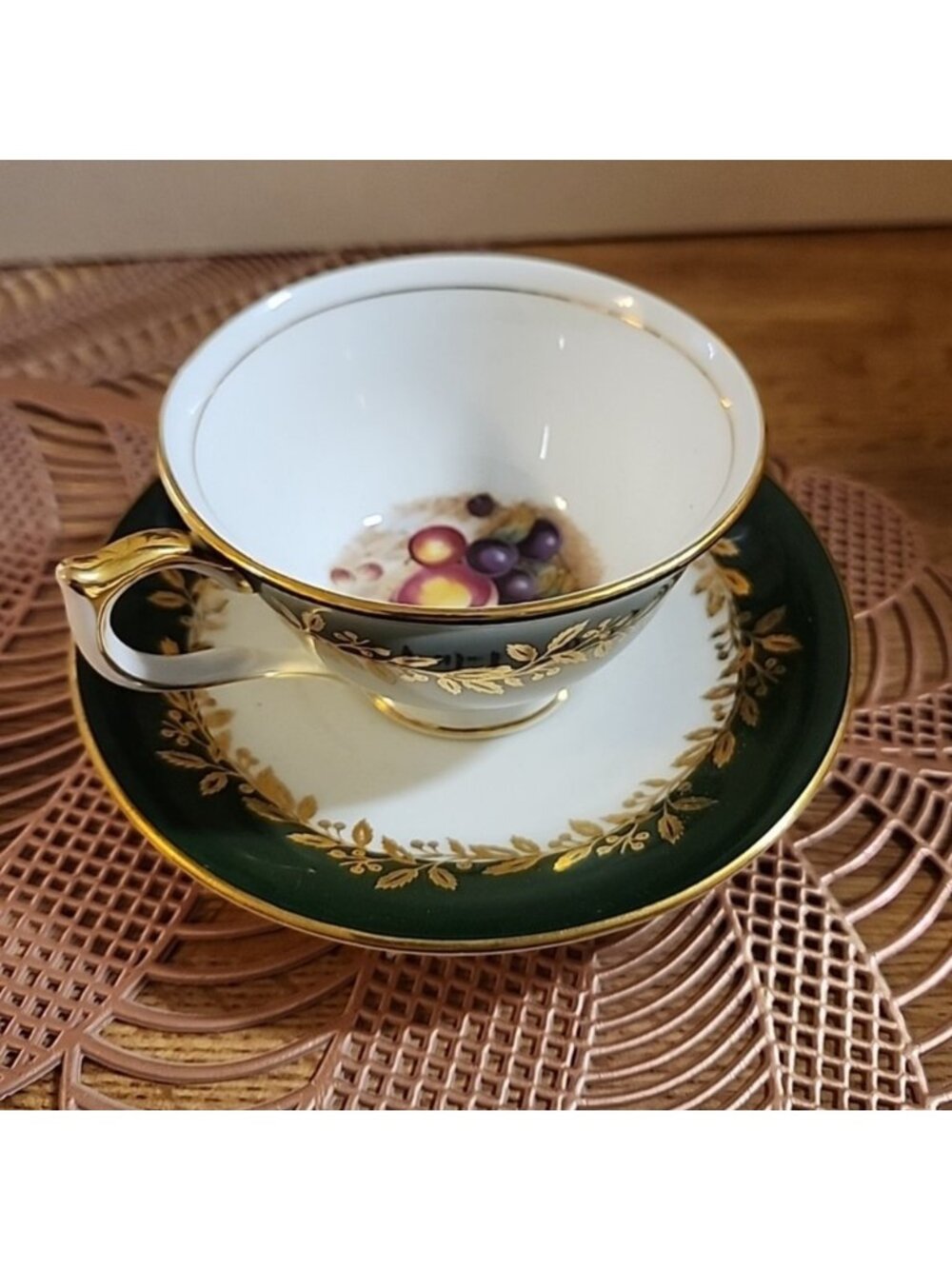 Vintage Aynsley Orchard Fruit Green Gold Gilt Bone China Cup & Saucer Set